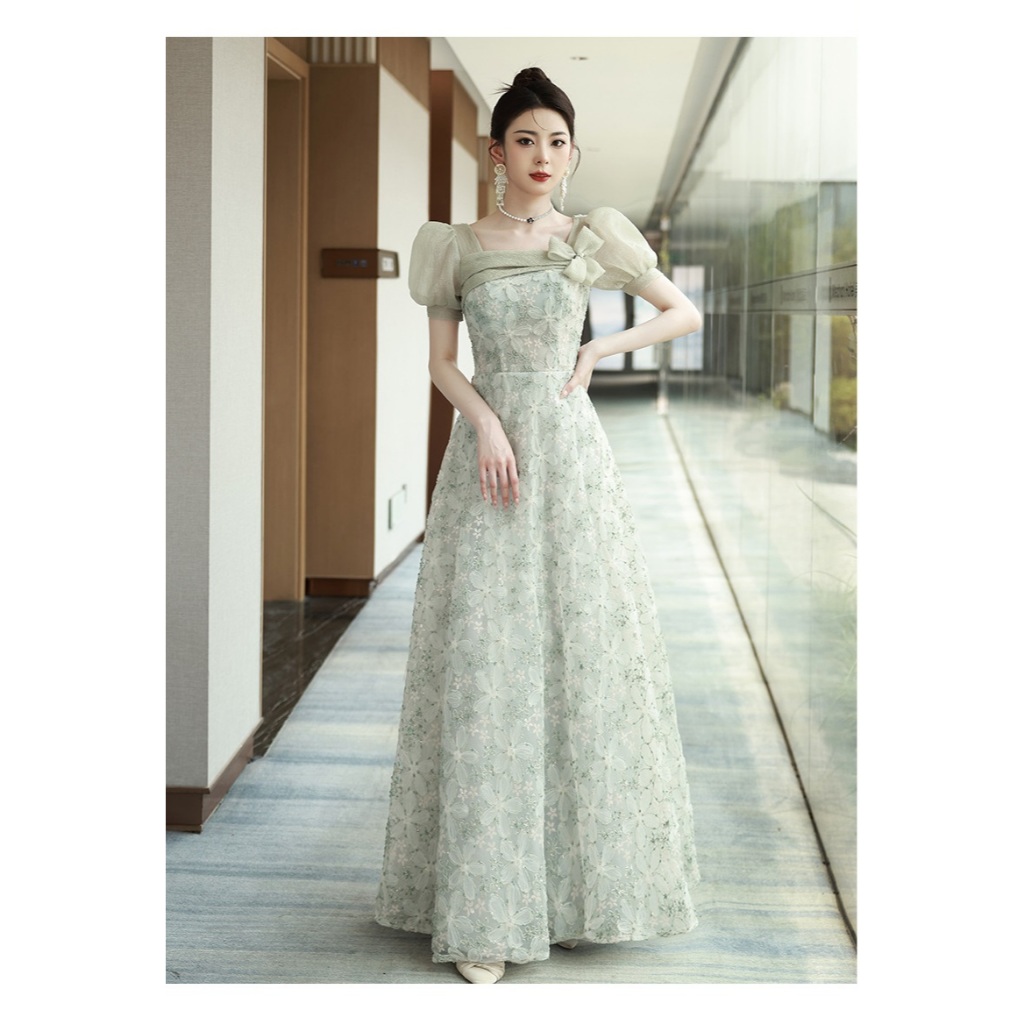 Gaun Pesta 2408021 Hijau Sage Lengan Pendek Leher Persegi Party Dress