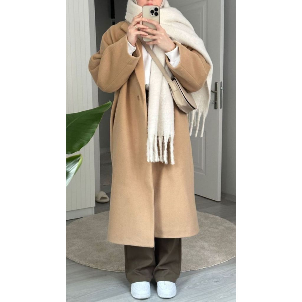 long coat hijab blazer wanita panjang blazer wanita panjang muslimah Crem S-4XL
