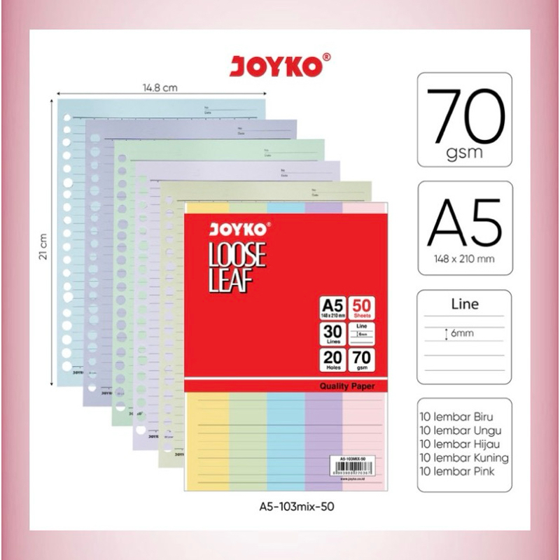 

N77 Isi Binder Joyko A5 Mix Warna 50 Lembar / Loose Leaf Color Isi Kertas File Binder Warna Joyko A5 50 Lembar