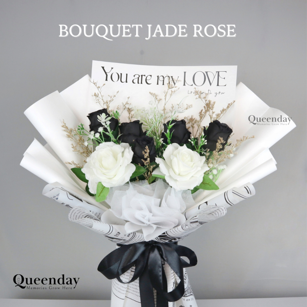 BUKET BUNGA JADE ROSE BUCKET ULANG TAHUN WISUDA ANNIVERSARY ARTIFICIAL PALSU MAWAR HITAM PUTIH