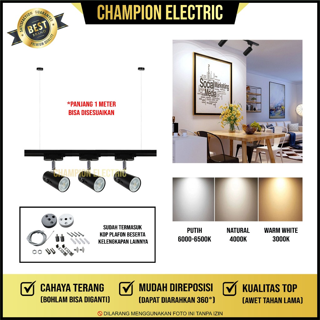 Lampu Rel Track LED Sorot Gantung – Paket 3 Lampu Bohlam Bisa Diganti