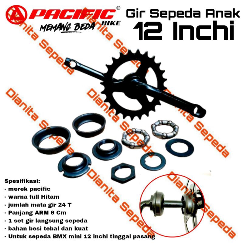 Crank sepeda anak BMX mini 12 inchi 1 set Gear Tengah piringan bmx Gir Langsung as kecil 24 T cranks