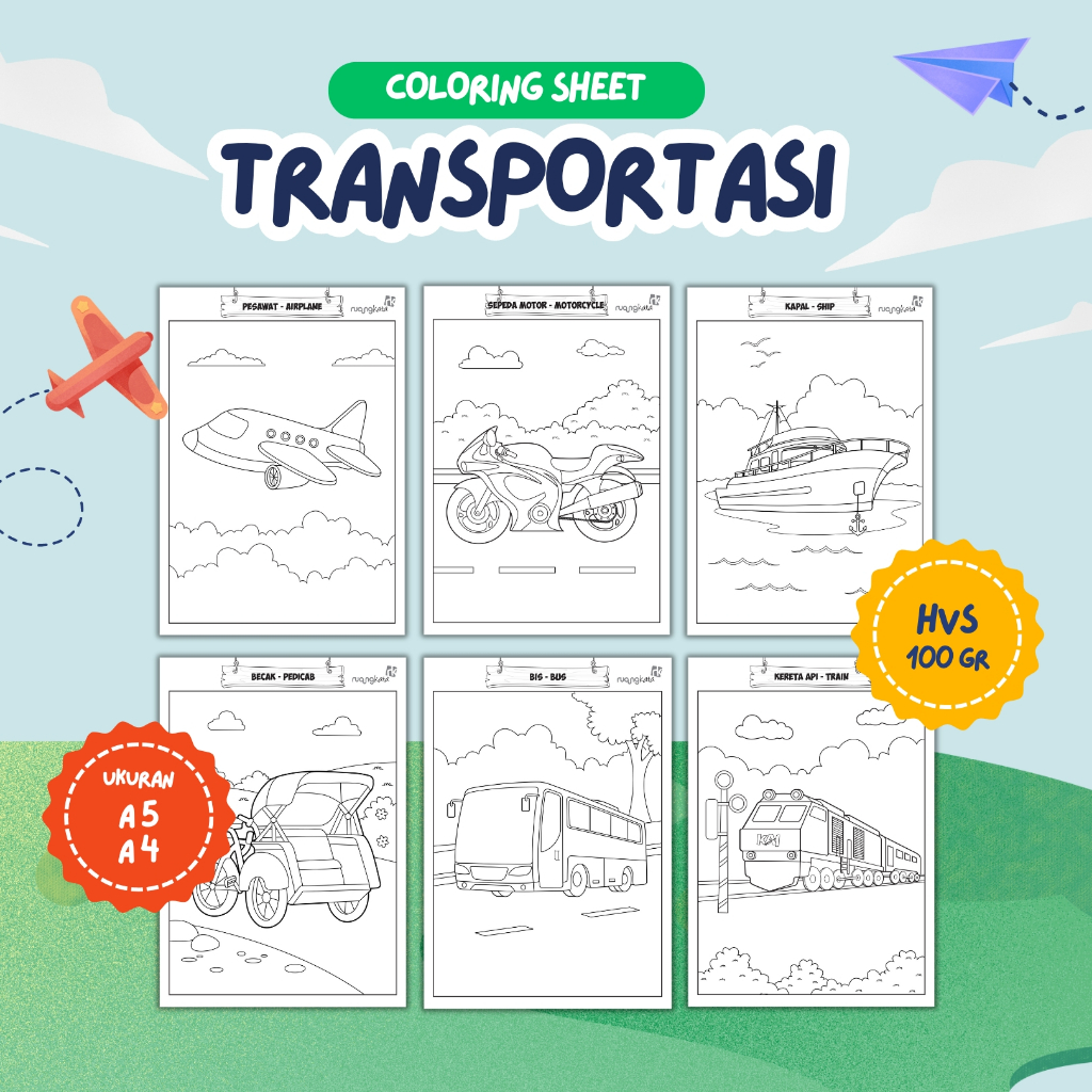 

Kawan Pustaka - Lembar Mewarnai/Kertas Mewarnai/Coloring Sheet - Tema Alat Transportasi - Ukuran A4 & A5 - Kertas HVS Tebal 100 gram