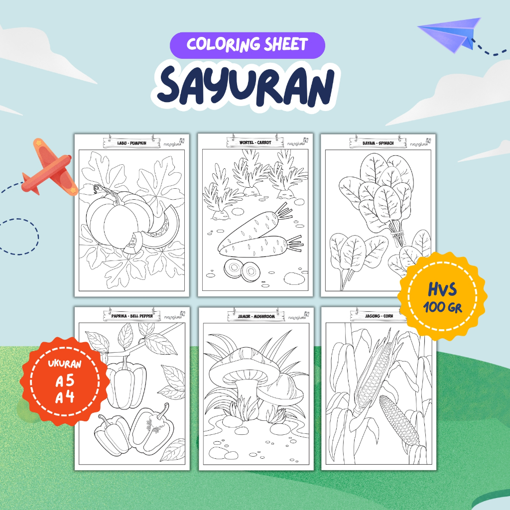 

Lembar Mewarnai/Kertas Mewarnai/Coloring Sheet - Tema Sayuran - Ukuran A4 & A5 - Kertas HVS Tebal 100 gram