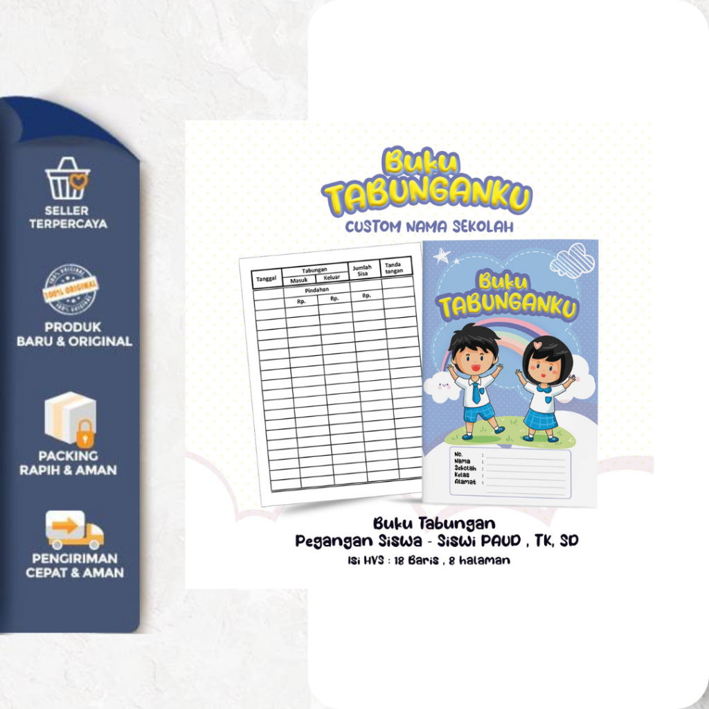 

Custom Buku Tabungan Custom Nama + Cover Tabungan Sekolah SD , TK , PAUD , Buku Catatan , Buku Tabungan Sekolah Varian Pelangi