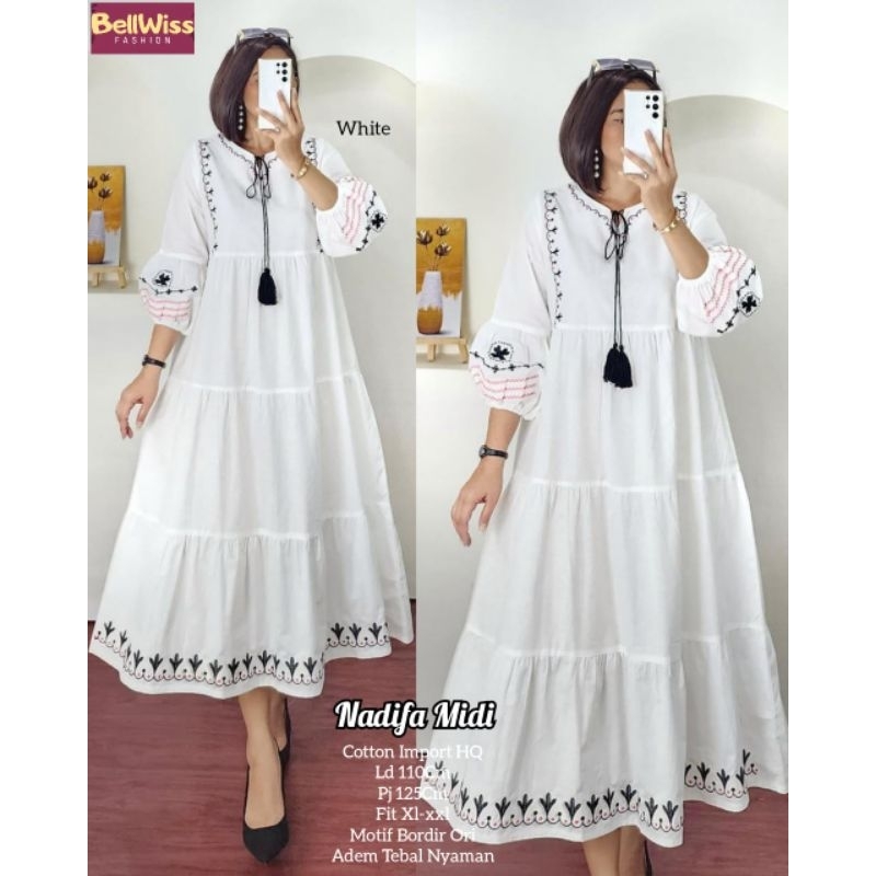 nadhifa dress cotton putih bordir by belwis dress lengan balon midi dress korean style midi simple e