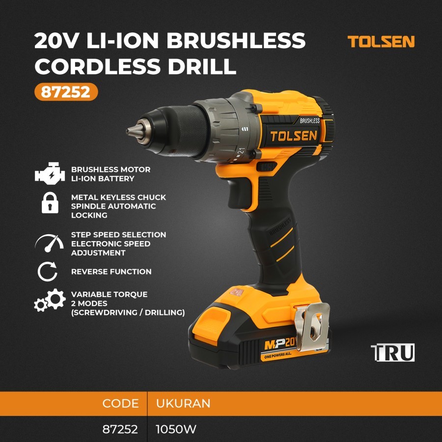 TOLSEN Mesin Bor 20V Li-ion Brushless Cordless Drill 87252
