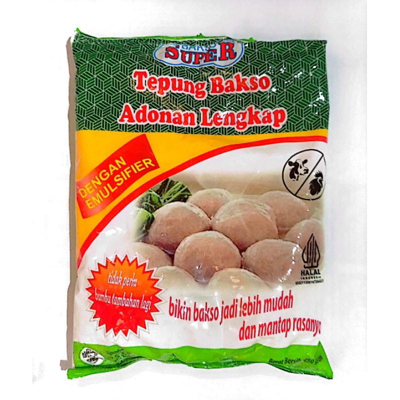 

BAKSO SUPER, TEPUNG BAKSO ADONAN LENGKAP dengan emulsioner dan bumbu 3 X 250 GR. Jual 1 pak (3 bungkus x 250 gr)