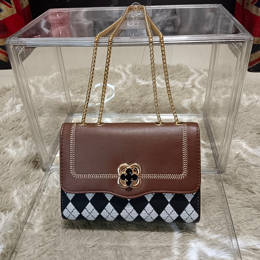 Tas Impor Fashion Wanita - Tas Slempang Bahu Kotak Warna Coklat Catur - XC008S