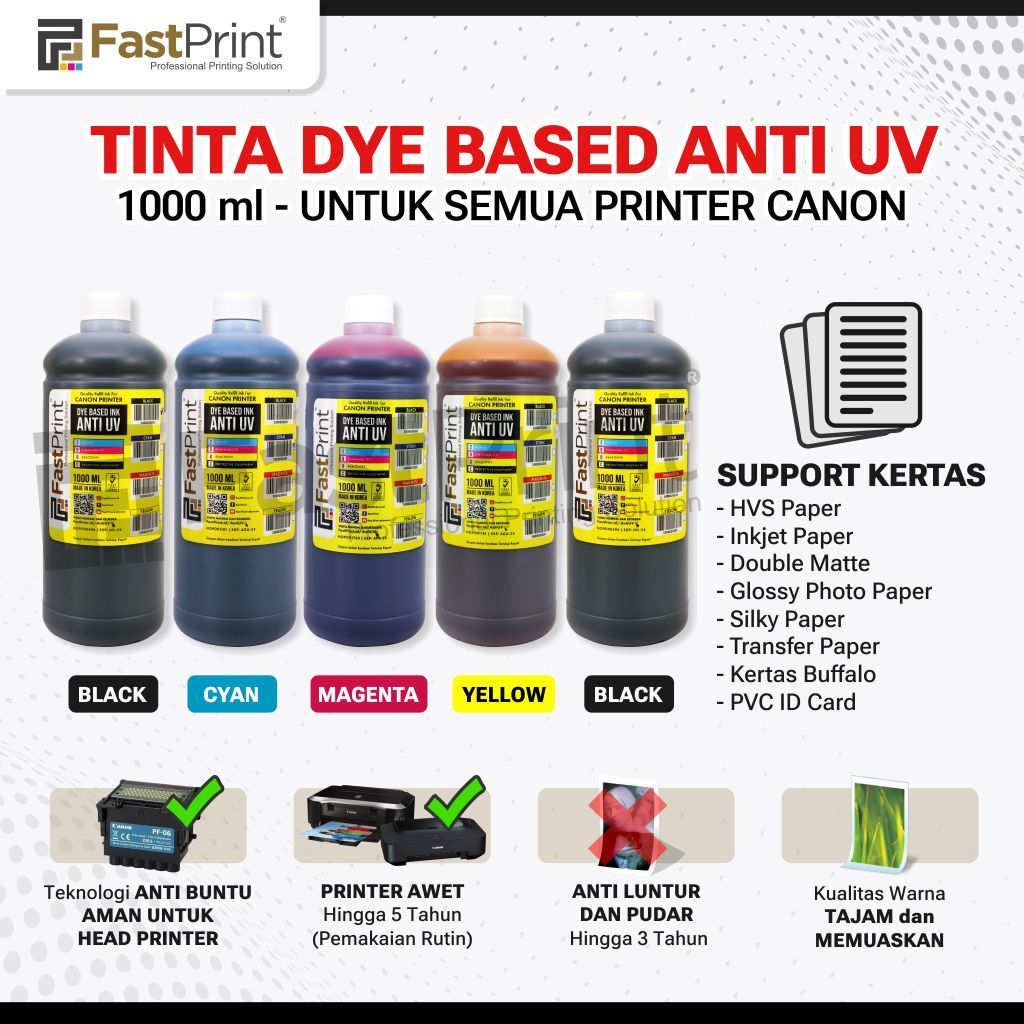 Tinta Dye Based Anti UV 1000ML Printer Canon 1 Set 5Warna