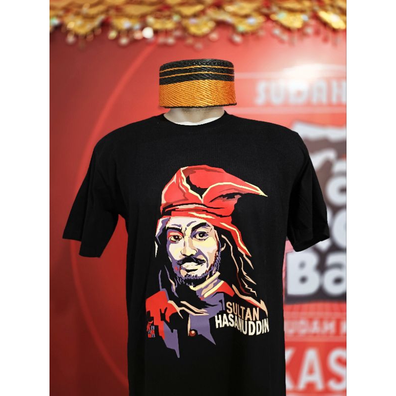 Kaos Kareba desain "Sultan Hasanuddin" Kaos Makassar Combed 24s Lengan Pendek - Hitam