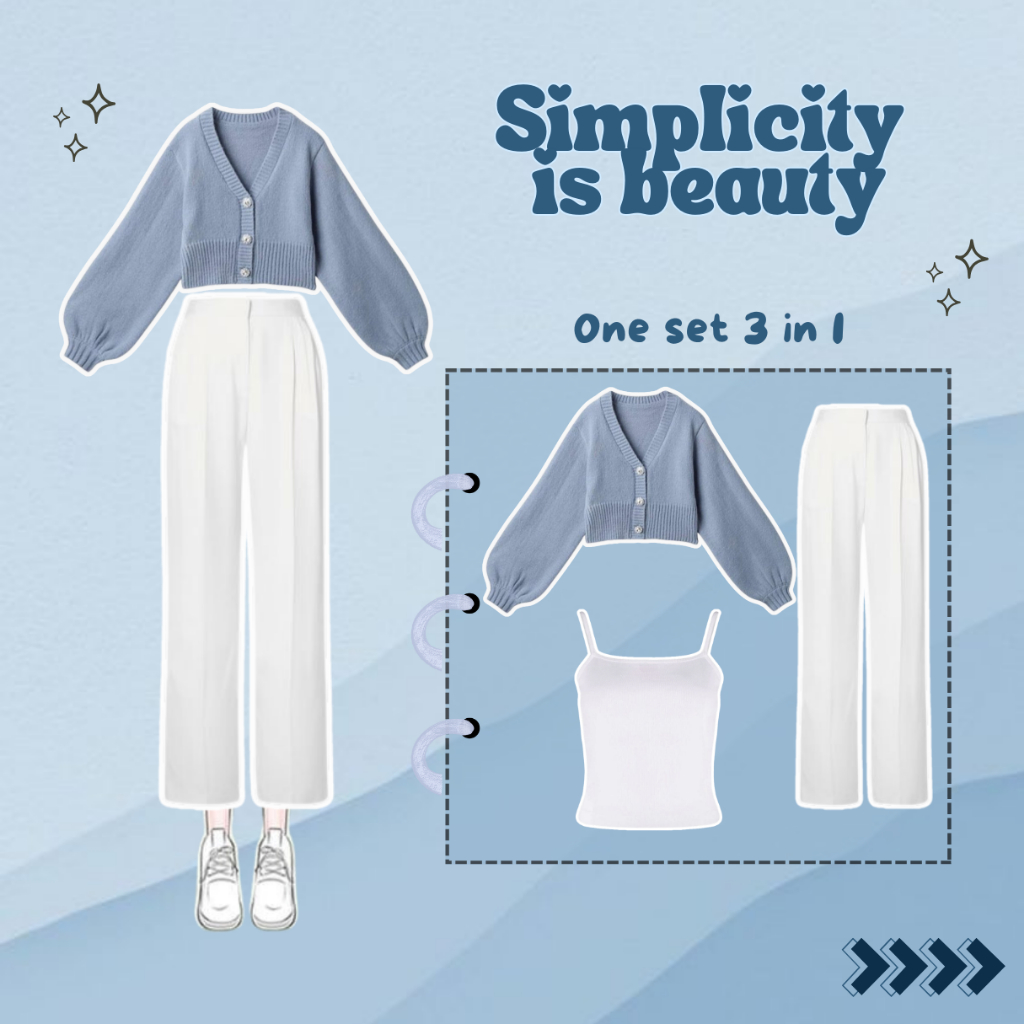 3in1 One Set Kekinian CARDIGAN Crop Wanita dengan Celana KULOT Crinkle Highwaist dan TANKTOP Premium