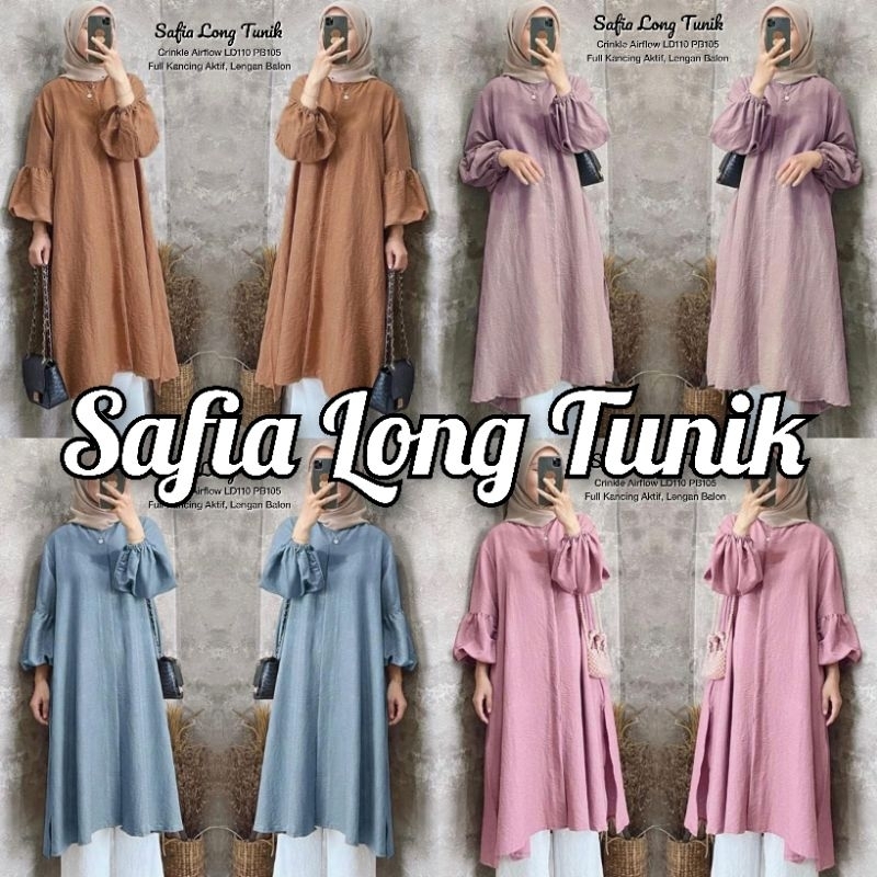 SAFIA LONG TUNIK (LABEL SAVNA) | LONG TUNIK CRINKLE AIRFLOW POLOS LENGAN BALON