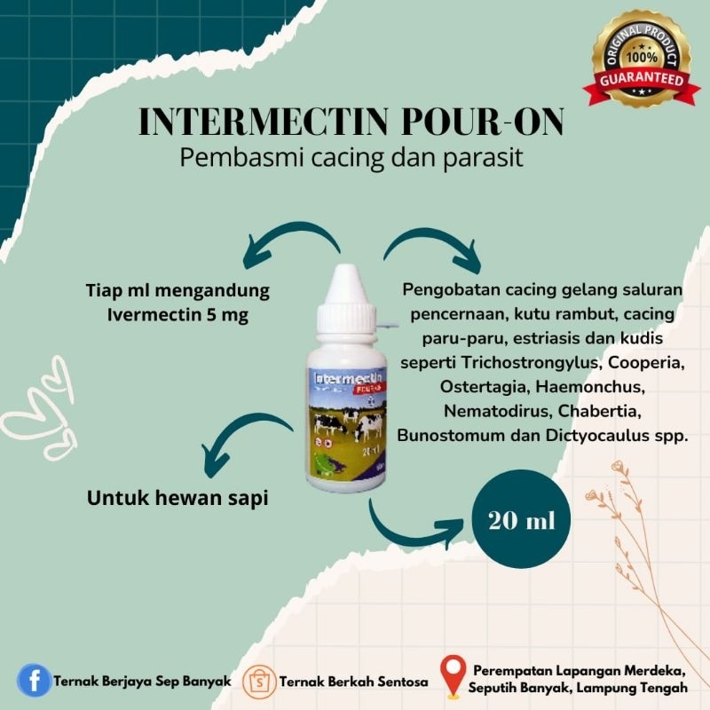 Intermectin Pour-On 20 ml - obat cacing hewan dioleskan (sapi, kambing, kucing, kuda, anjing)