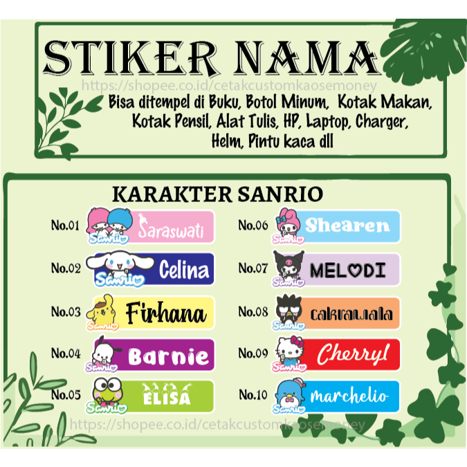 

STICKER LABEL NAMA KARAKTER SANRIO CUSTOM SPIRITED AWAY STIKERCUSTOM PREMIUM MURAH LUCU BISA TEMPEL DI BUKU ALAT TULIS KOTAK PENSIL KOTAK MAKANAN BOTOL MINUM HELM KOPER LAPTOP HP PINTU KACA