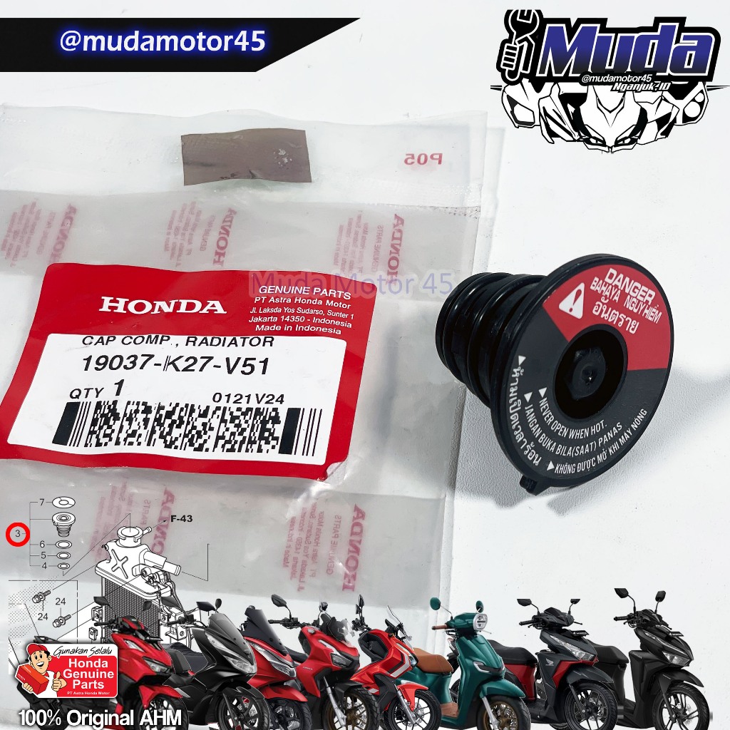 TUTUP RADIATOR VARIO PCX ADV STYLO 125 150 160 ATAS 19037-K27-V51 CAP COMP 19037K27V51 ORI ORIGINAL 