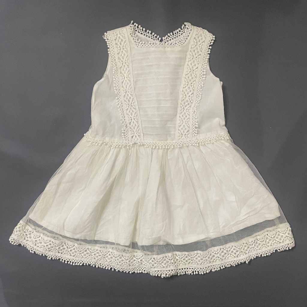 (ZIPPY BABY GIRL ORIGINAL, PRELOVED) K144 Dress Gaun Pesta Rumbai Tile O Neck Tangan Kutung Putih Tu