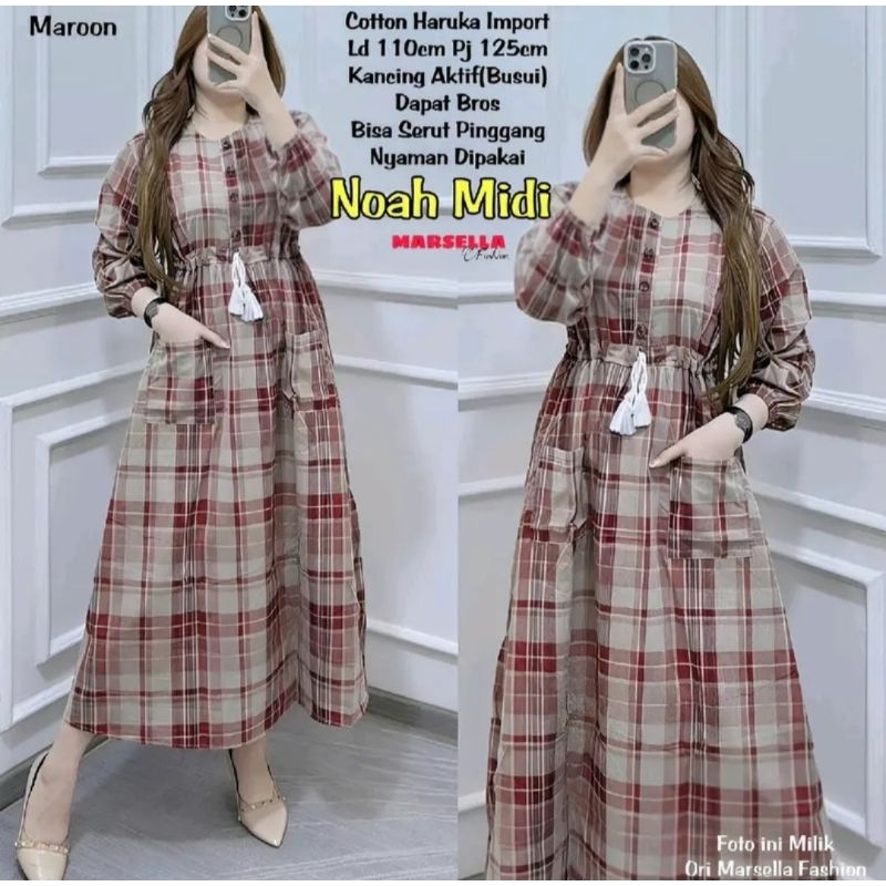 Noah midi dress kotak tali pinggang serut