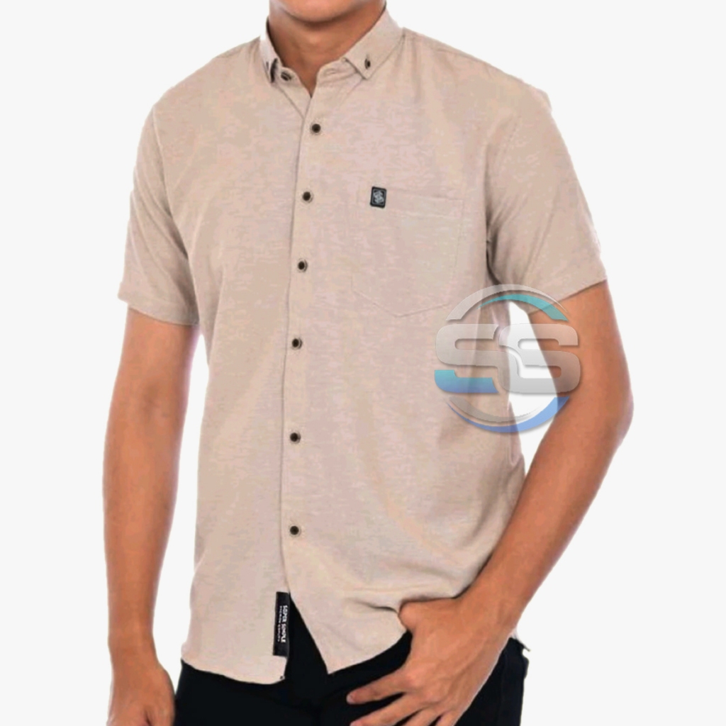 Baju Kemeja Cowok Terbaru 2025 Casual Polos Lengan Pendek Slimfit Top Man - Coklat Susu Super Simple