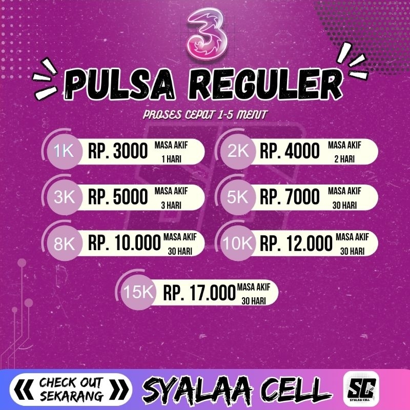 Pulsa Tri Murah|1-15K|Proses Cepat