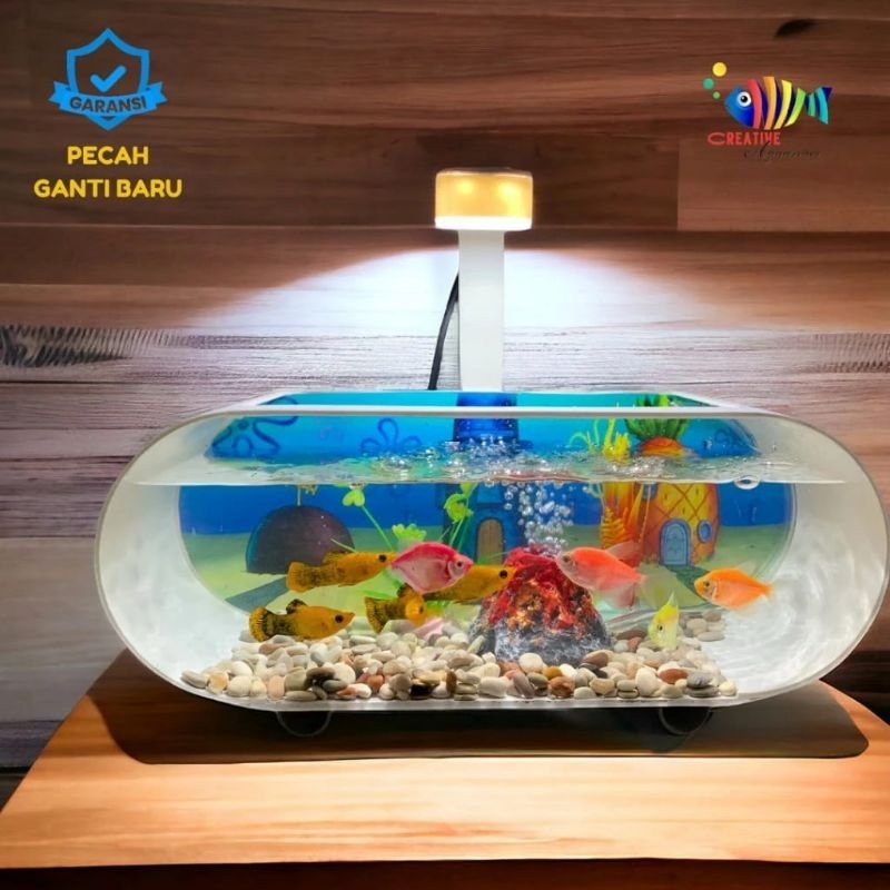 Aquarium Mini Ikan Hias Plus Mesin Glembung Lampu LED