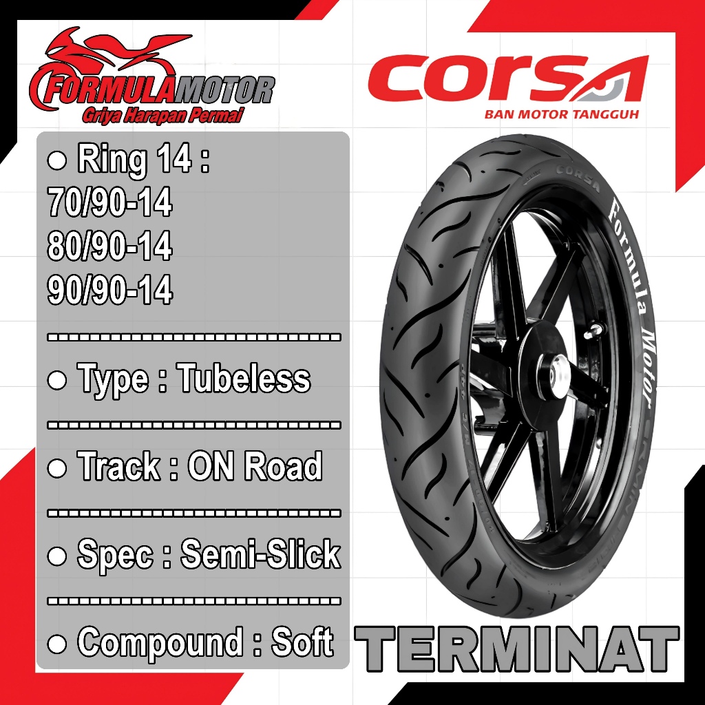 Corsa Terminator/Terminat-012 Ring 14 Tubeless All Size - Ban Tubles Motor Matic (Ukuran 70/90-14, 8
