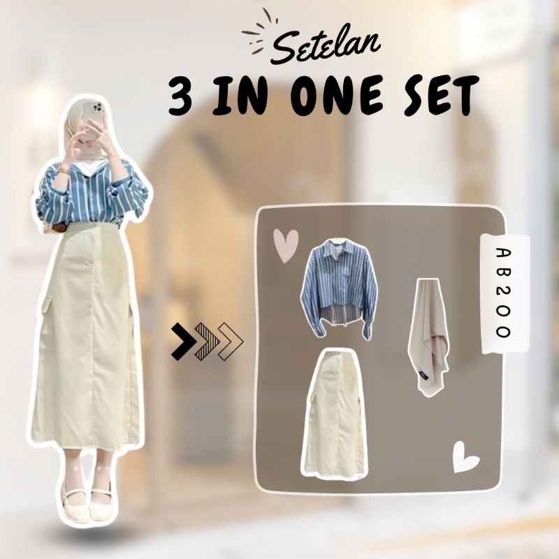 3 In 1 Set AB200 - One Set Korean Style Hijab | Ootd ke Kantor Outfit Pantai Nongki Kemeja Salur Ter