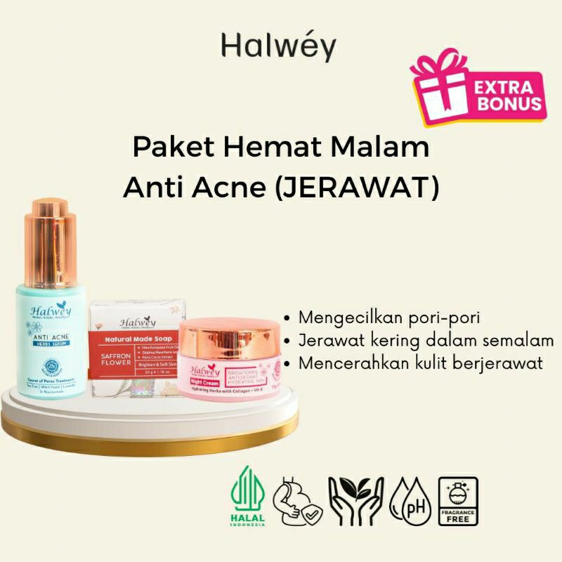HALWEY [Free Gift] Paket Hemat Malam Untuk Kulit Berjerawat Komedo & Pori-pori Besar (Anti Acne) Nig