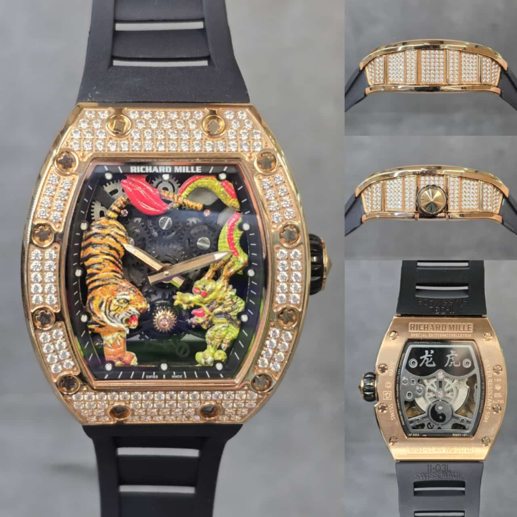 Jam Tangan RM 057 Jackie Chan Dragon & Tiger Frosted Diamond 42mm Swiss Automatic Gold Dial