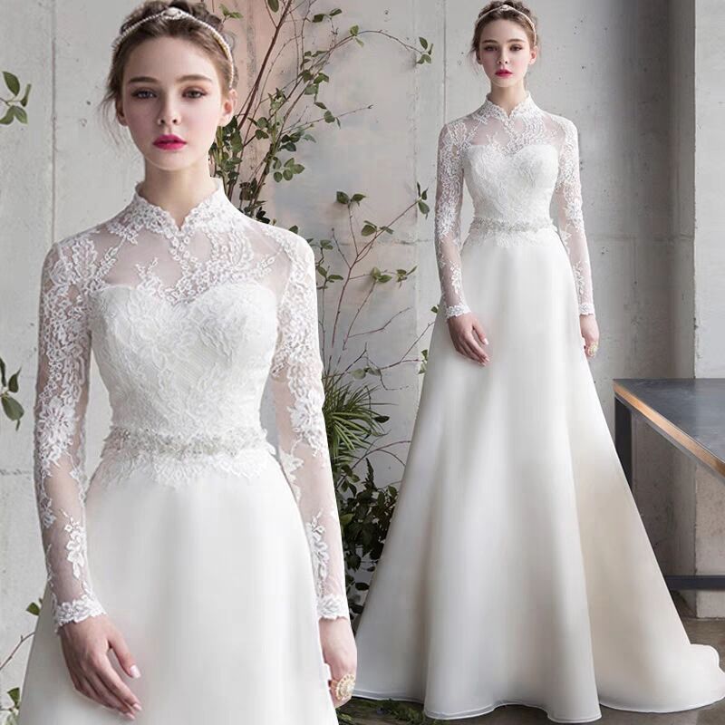 Women Long Sleeve White Lace Wedding Dresses Organza Lace Maxi French Fashion Wanita lengan panjang 