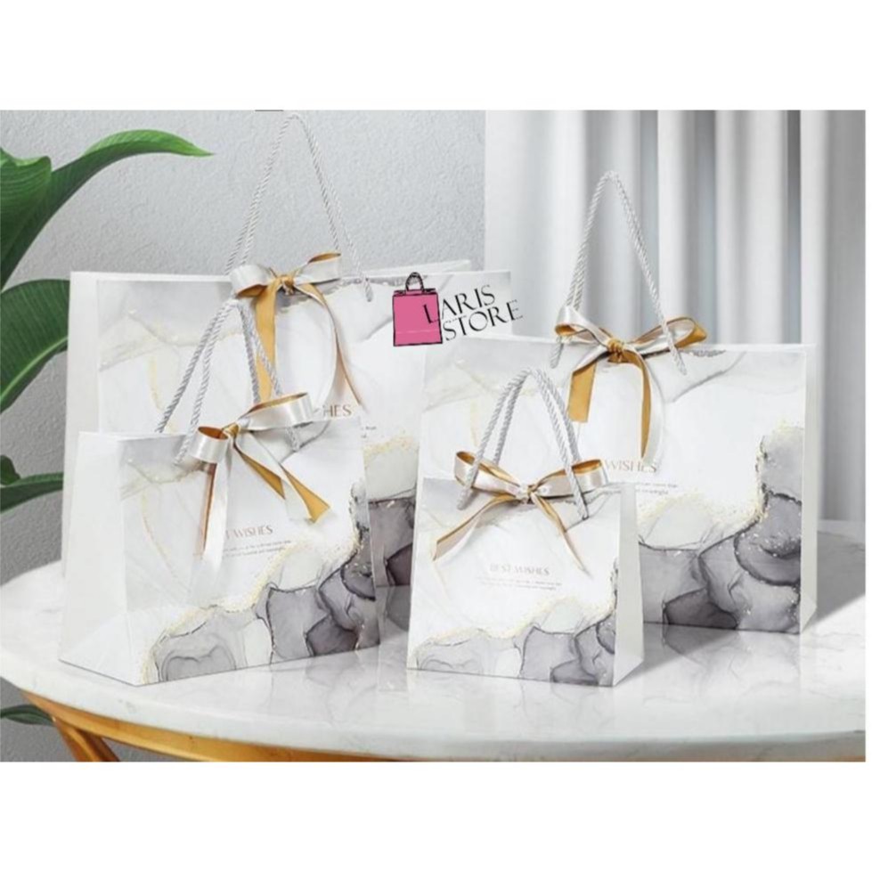 

PAPERBAG BEST WISHES PUTIH ABU FREE PITA SILVER MEWAH / KANTONG UNTUK HADIAH / KANTONG HAMPERS