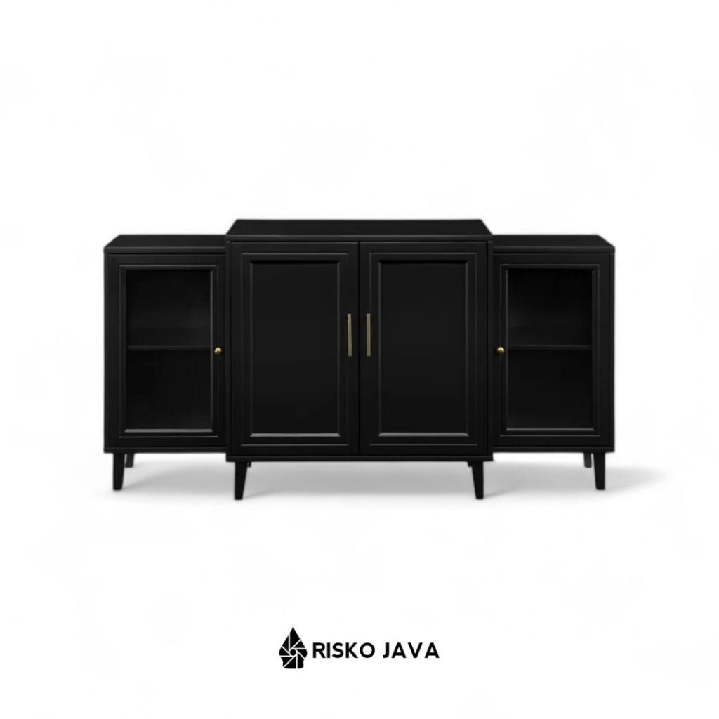 Bufet Kayu Jati Natural Black / Cabinet Ruang Tamu / Bufet Minimalis Pintu Kaca | AKPA