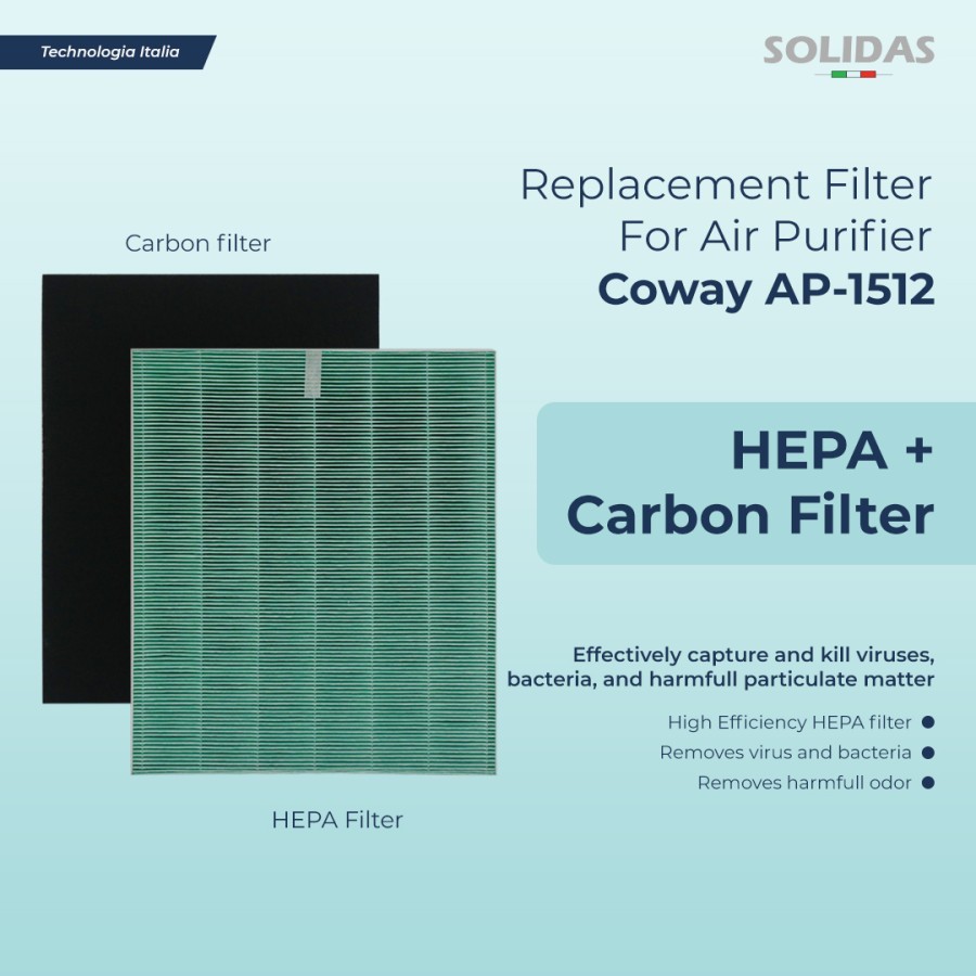 SOLIDAS - Coway Air Purifier Filter AP-1512 - HEPA + Carbon Replacement