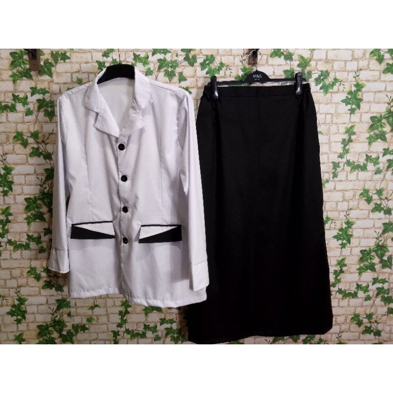 setelan kerja PMDA PNS PDH model jas hitam putih rok A/rok sepan terbaru