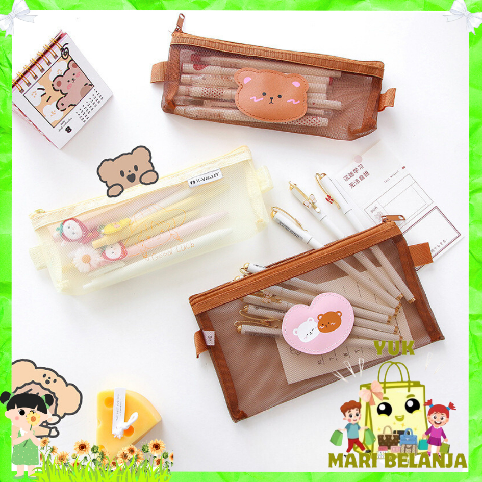 

YMB Tempat Pensil Zipper Coklat Motif Beruang Dompet Pensil Coklat Lucu Motif Bear Tempat Makeup Teddy Brown Model Jaring Transparan dan Multicolour Cute