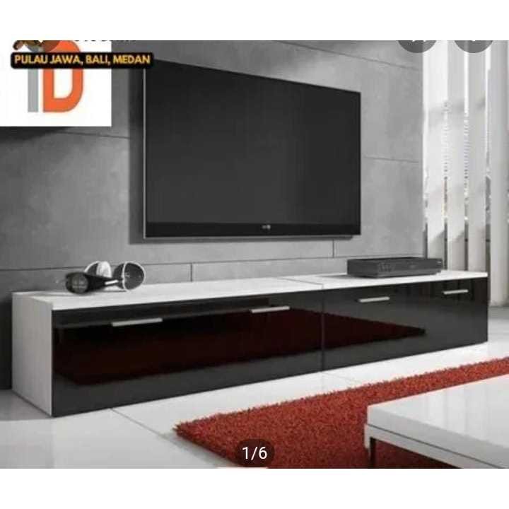 Meja TV Gantung Minimalis Modern 240 cm Sudah Terakit Warna Hitam Kombinasi Putih