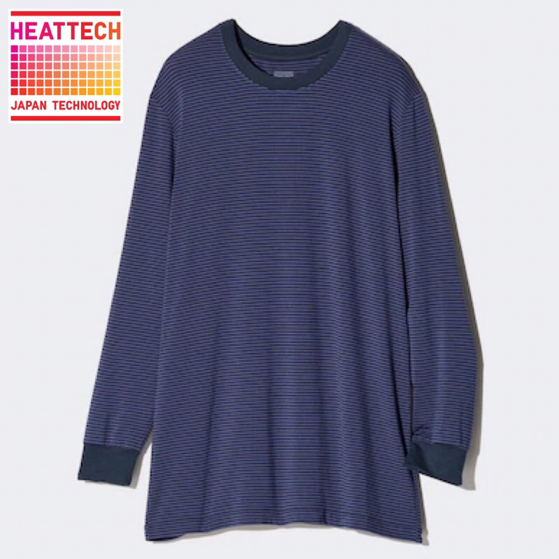 UNIQLO Heattech Men T-Shirt Kaos Long John Garis Pria Crew Neck Lengan Panjang Longjohn