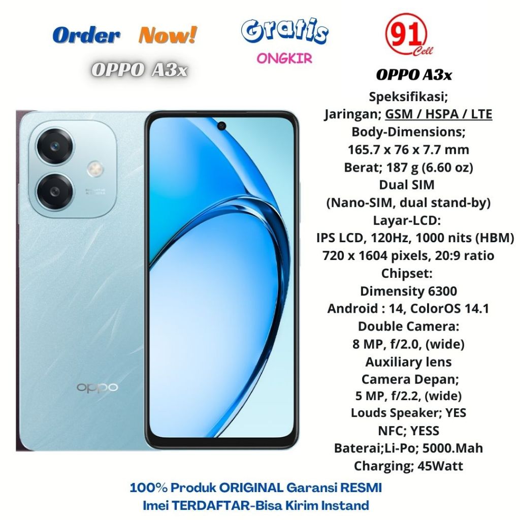 Oppo A3x 4G (Ram4/128gb)-(Ram4/64gb) Garansi Resmi 1 Tahun