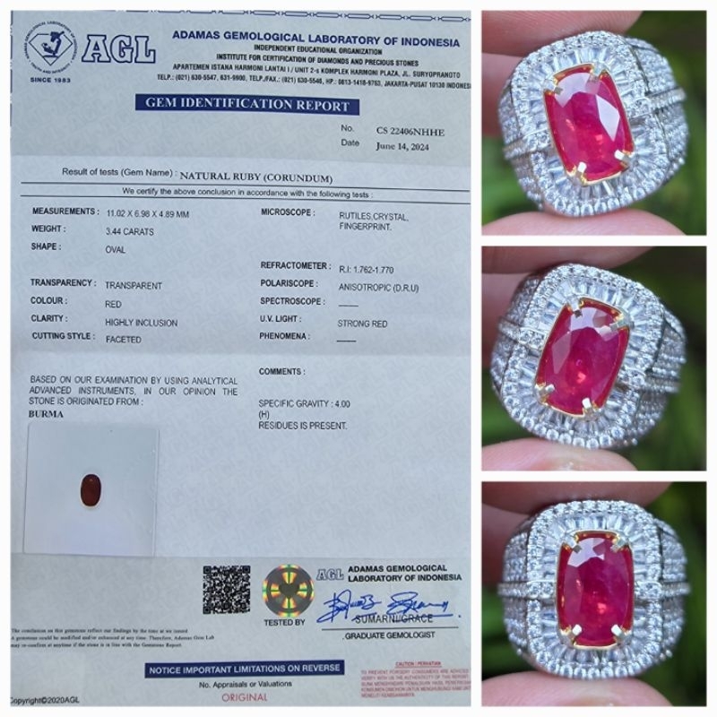 Natural Red Ruby Burma Myanmar Sertifikat 3.44 crt