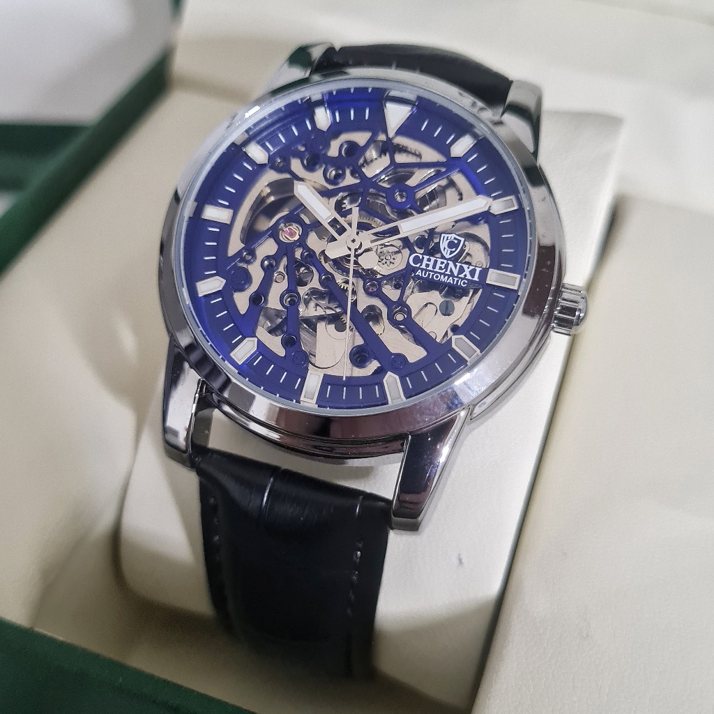 CHENXI Cudo Jam Tangan Pria Original Automatic Otomatis Tanpa Baterai Silver Biru Anti Air Skeleton