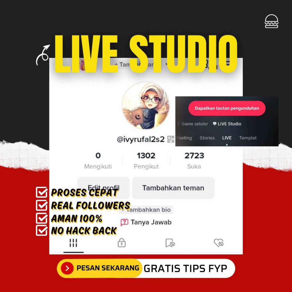 Akun Tiktok LIVE STUDIO Followers Real Hasil Konten Fyp