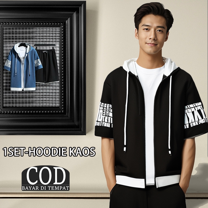 Hoodie Set ONE SET BUNDLE PACK HOODIE ZIPPER CROP Hoodie Lengan Pendek Celana Pendek OVERSIZE Pria