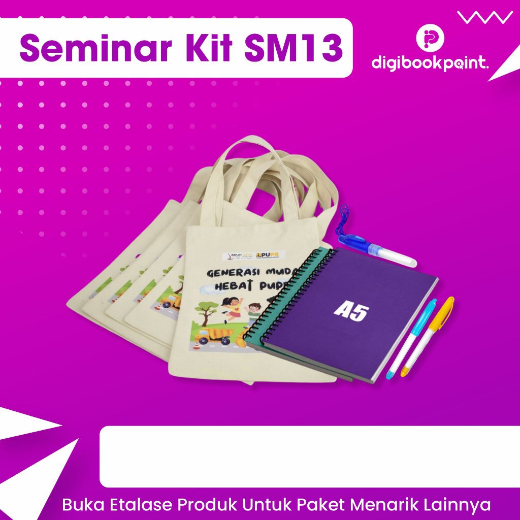 

Paket Custom Seminar Kit Isi 3 - Tas Belacu, Notebook Spiral A5, Pulpen - SM13