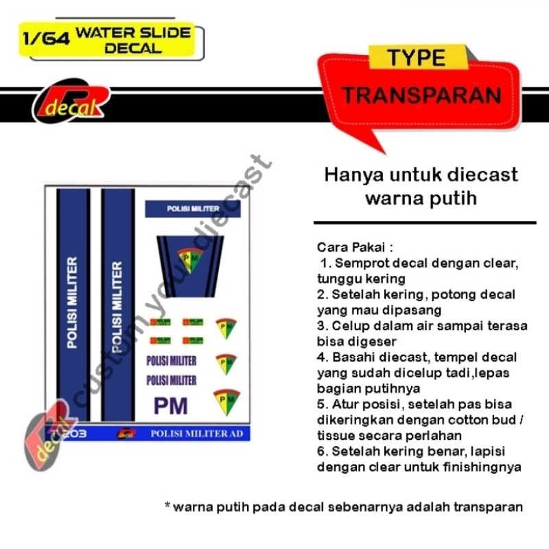 T203 Decal Hotwheels Transparan 1/64 Polisi Militer AD