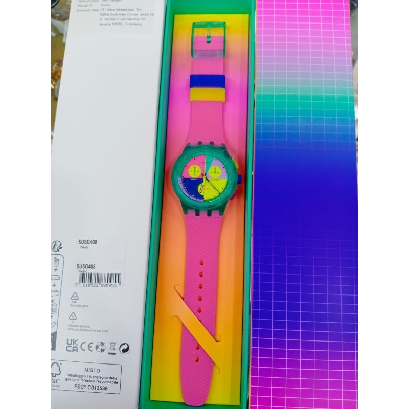 Swatch SUSG408 Neon Flash Arrow Jam Tangan Chronograph Kuarsa Unisex 42mm