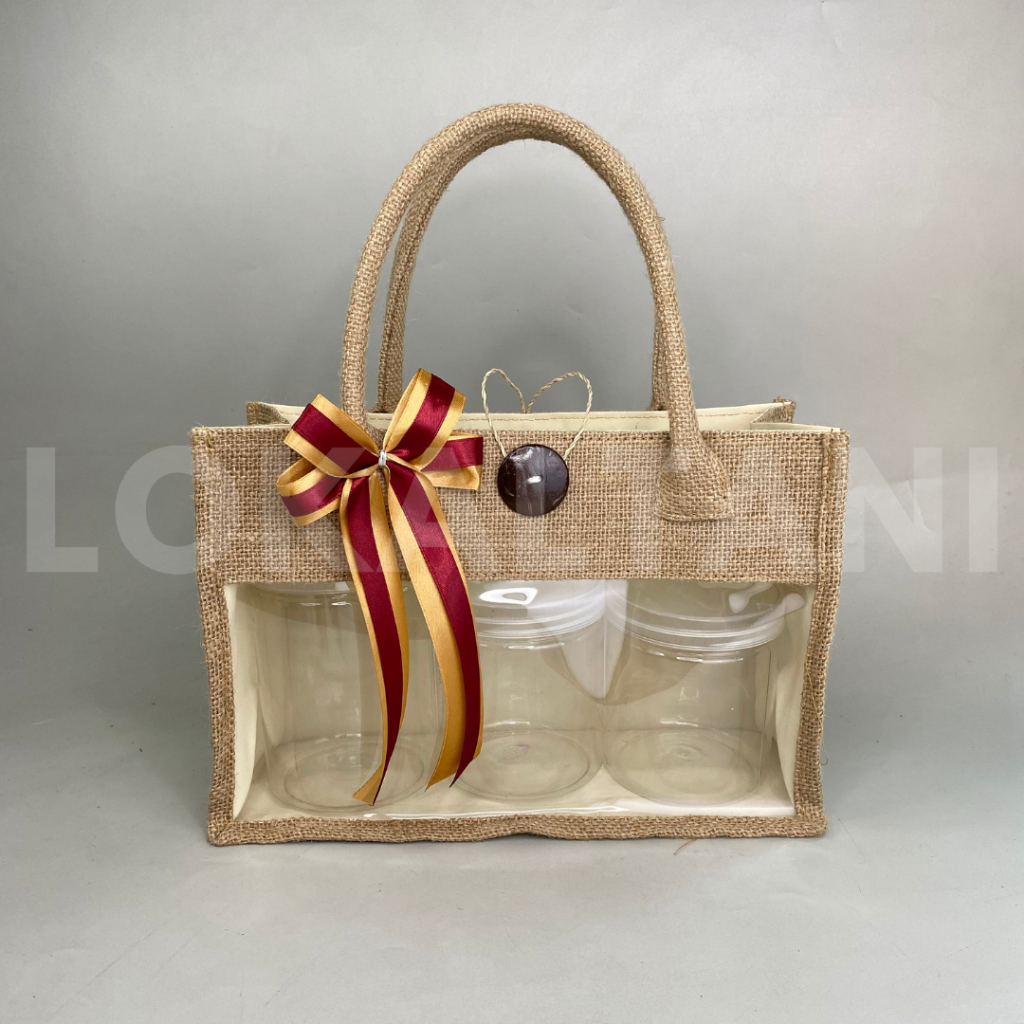 Tas Hampers Goni 3 Tabung Jar / Tas Goni Totebag Premium / Goni Mika / Tas Jute