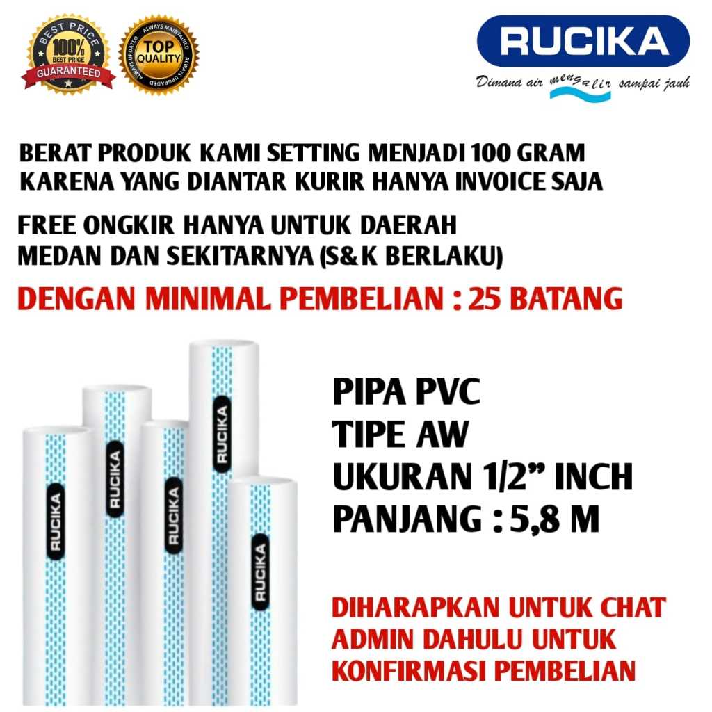 Pipa PVC Rucika Aw 1/2" Inch Pipa batangan 1/2 Inch AW Rucika 5,8 m 580 cm PIPA PVC RUCIKA AW 1/2" i