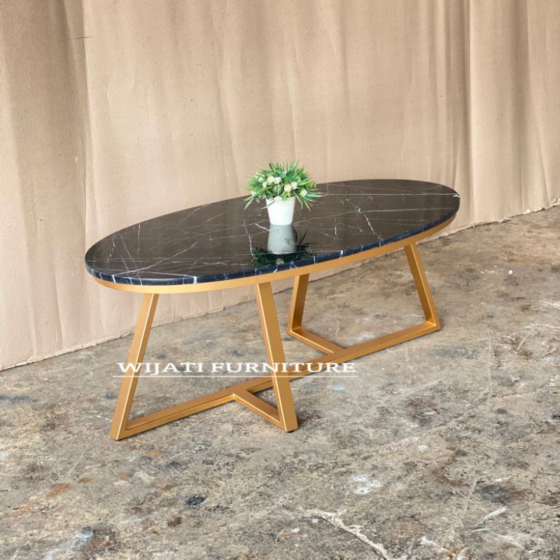 Meja Tamu Marmer Asli Hitam Oval Modern Kaki Besi Coffe Table Minimalis