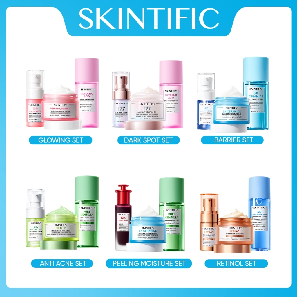 SKINTIFIC-3pcs Paket-Skincare Set | Serum Moisturizer Gel Toner Sunscreen Cleansing Mouss Facial Was