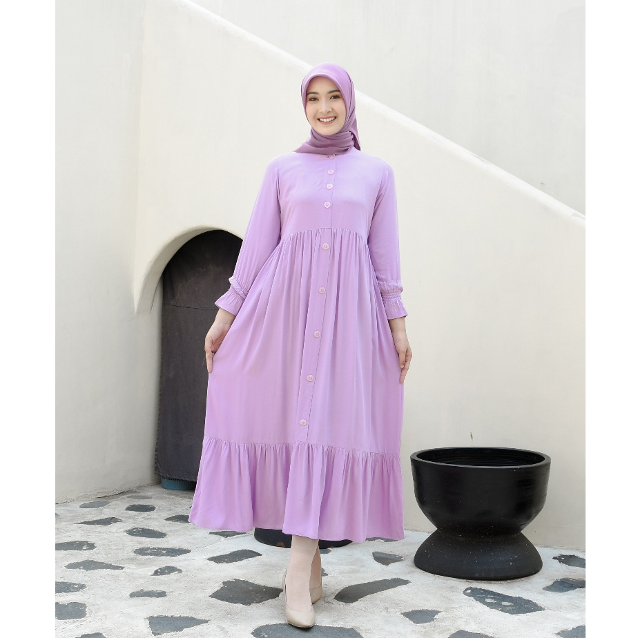 Baju Gamis Muslim Senjakala Dress Bahan Katun Rayon Warna Lilac / Ungu Busui Friendly